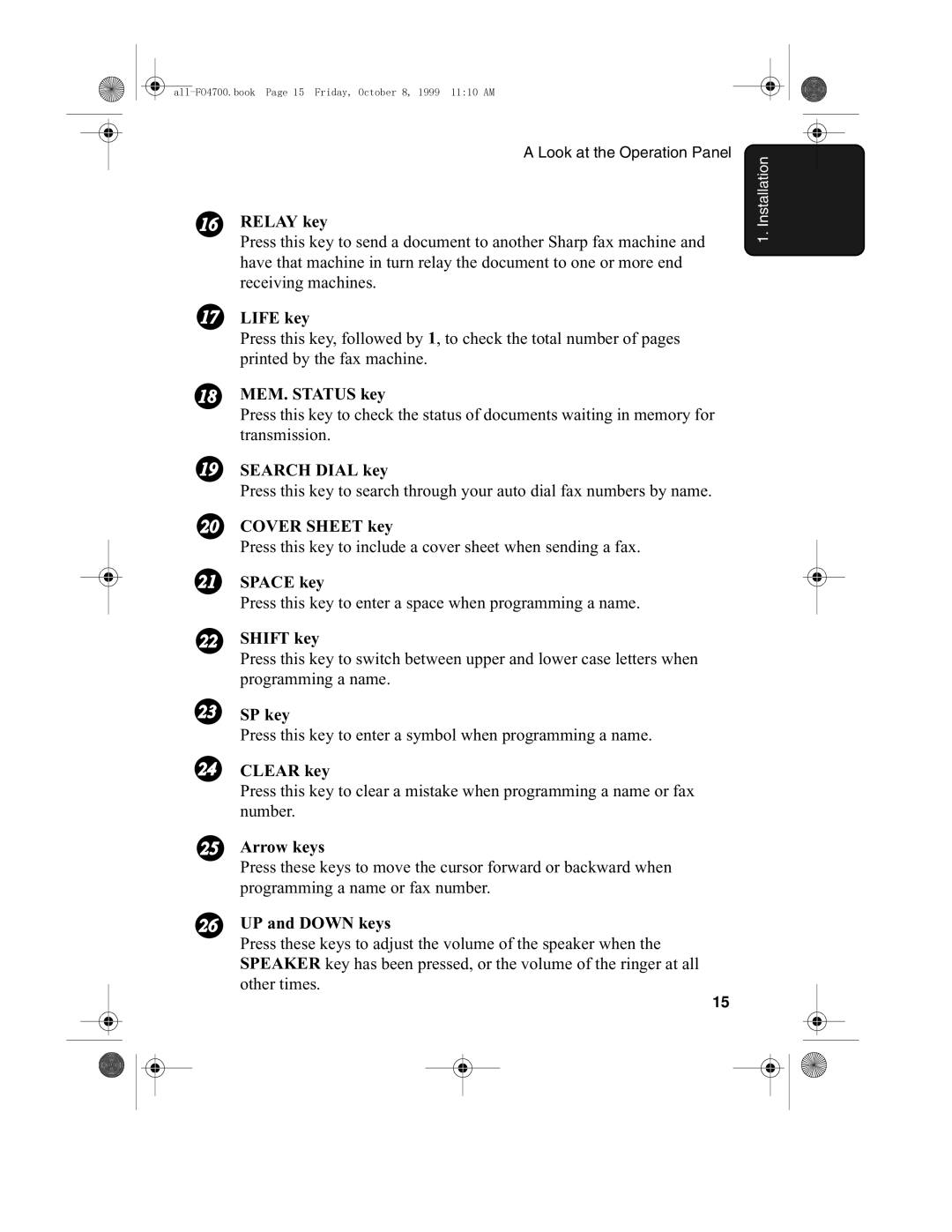 Sharp FO-5700 Relay key, Life key, 18 MEM. Status key, Search Dial key, Cover Sheet key, Space key, Shift key, SP key 