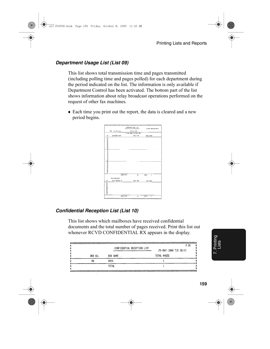 Sharp FO-5700, FO-4700 operation manual Department Usage List List, Confidential Reception List List, 159 