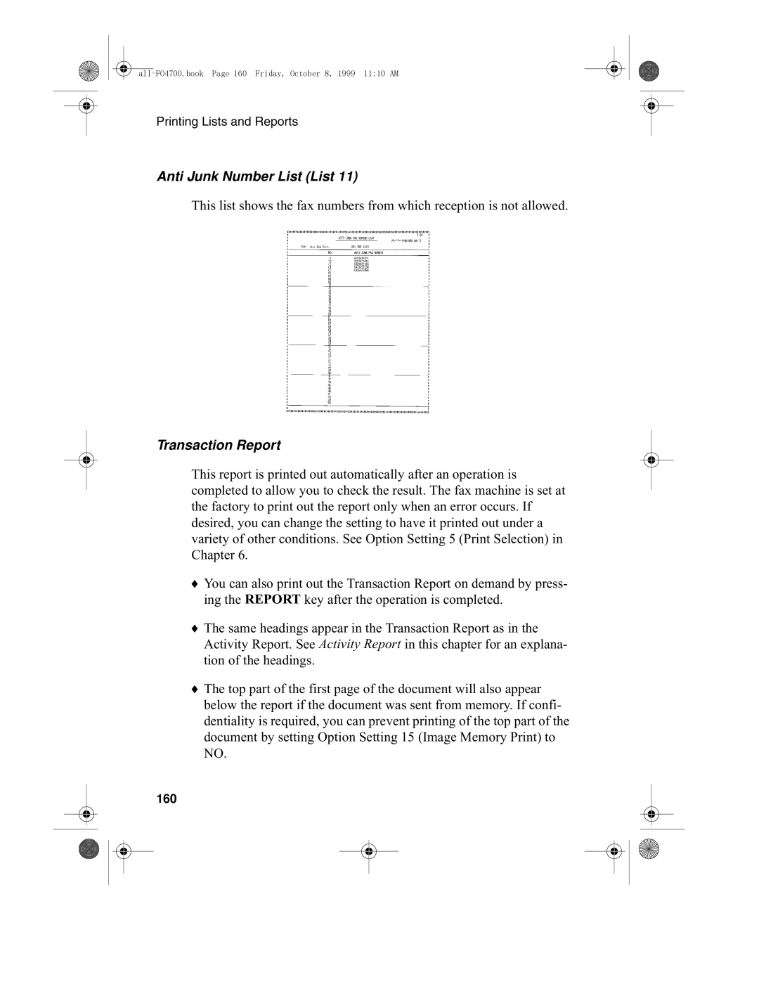 Sharp FO-4700, FO-5700 operation manual Anti Junk Number List List, Transaction Report, 160 