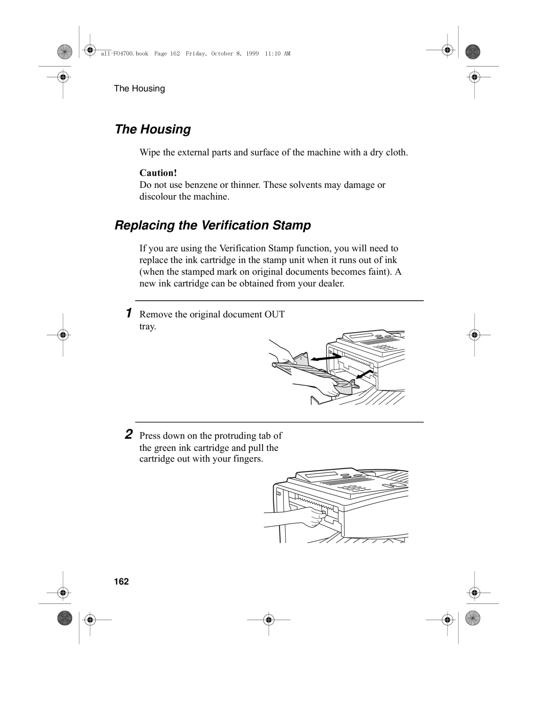 Sharp FO-4700, FO-5700 operation manual Housing, Replacing the Verification Stamp, 162 