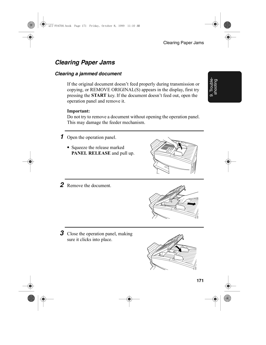 Sharp FO-5700, FO-4700 operation manual Clearing Paper Jams, Clearing a jammed document, 171 