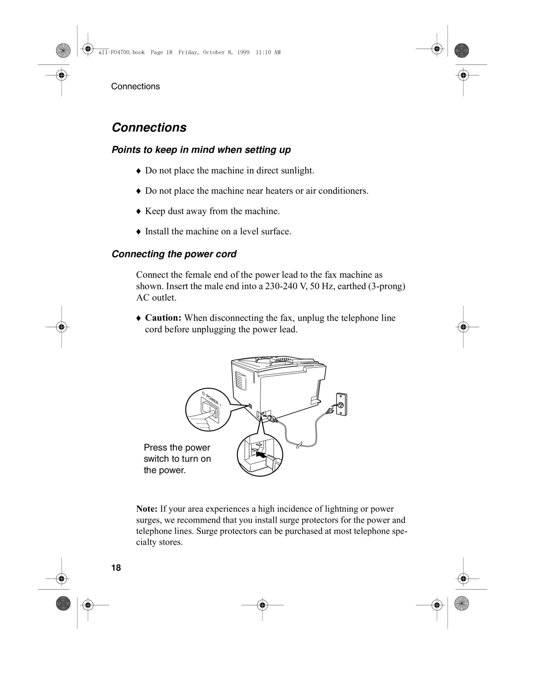 Sharp FO-4700, FO-5700 operation manual Connections, Points to keep in mind when setting up, Connecting the power cord 