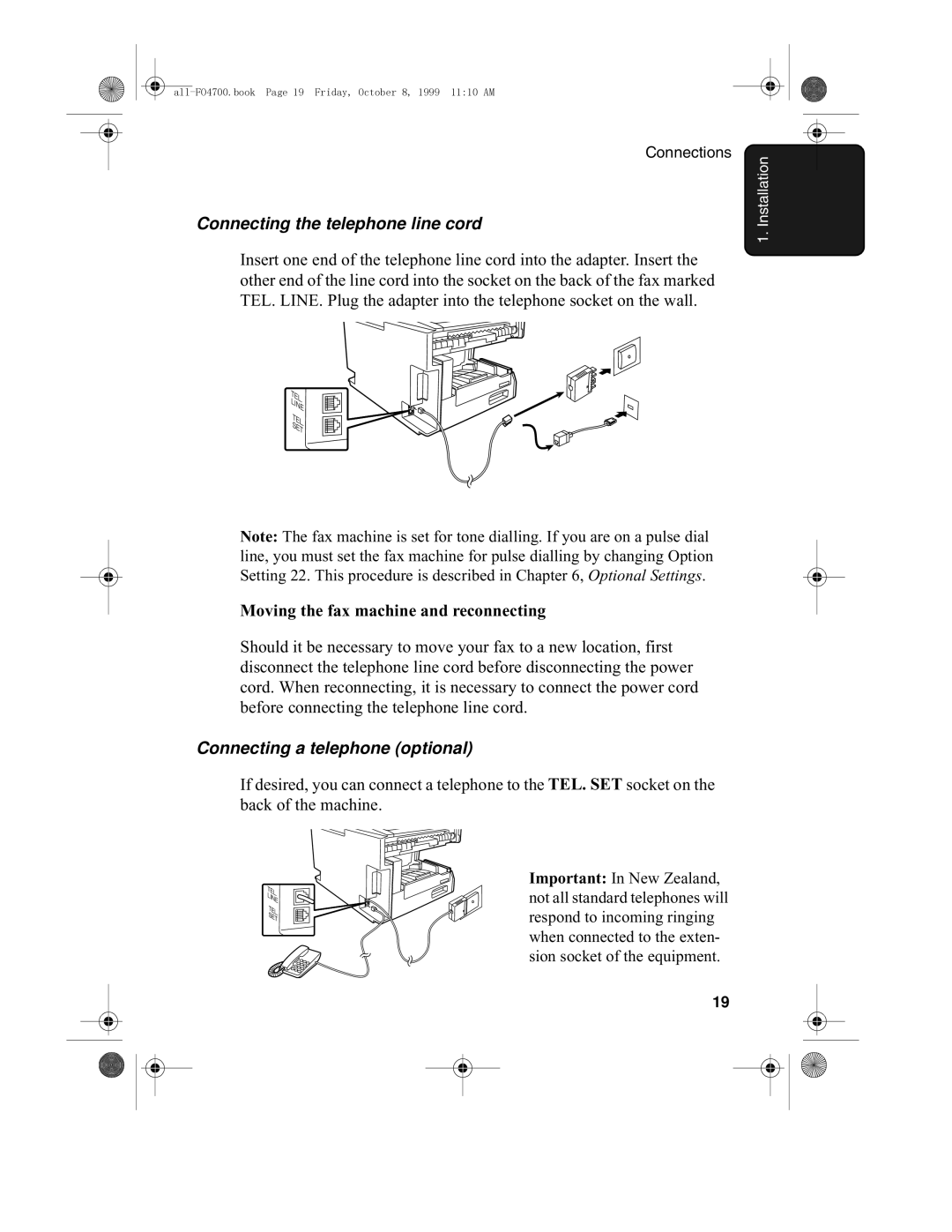 Sharp FO-5700 Connecting the telephone line cord, Moving the fax machine and reconnecting, Connecting a telephone optional 