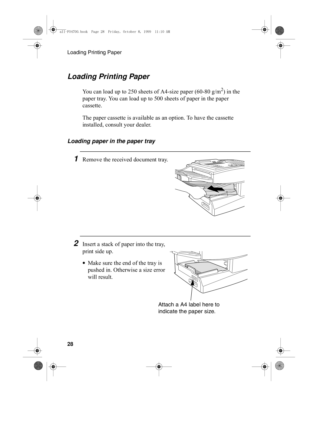 Sharp FO-4700, FO-5700 operation manual Loading Printing Paper, Loading paper in the paper tray 