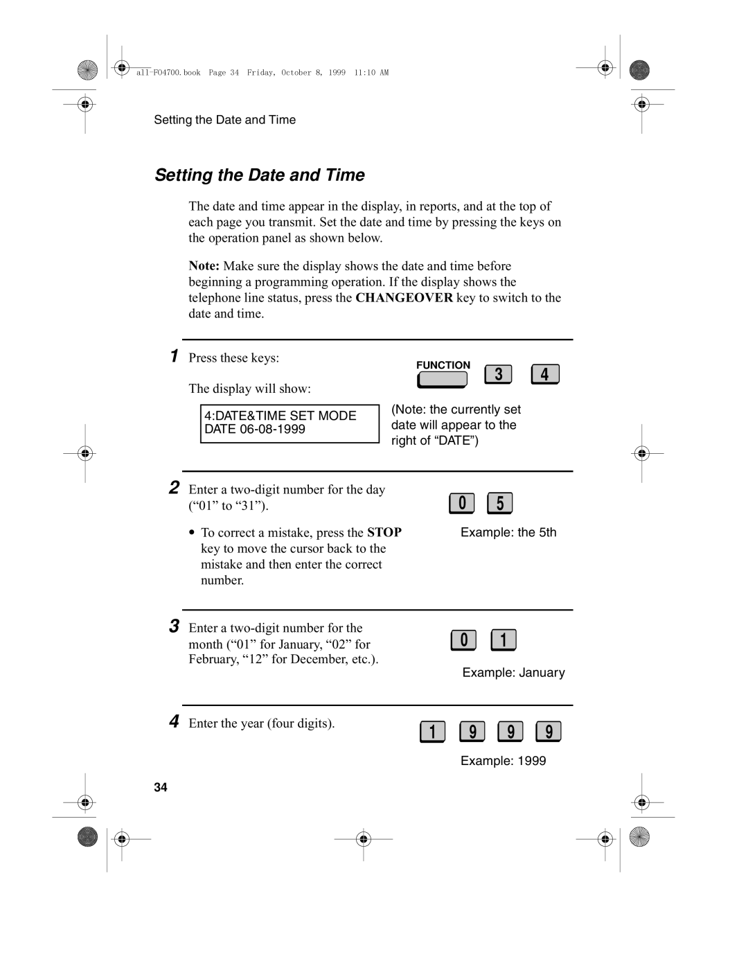 Sharp FO-4700, FO-5700 operation manual Setting the Date and Time 