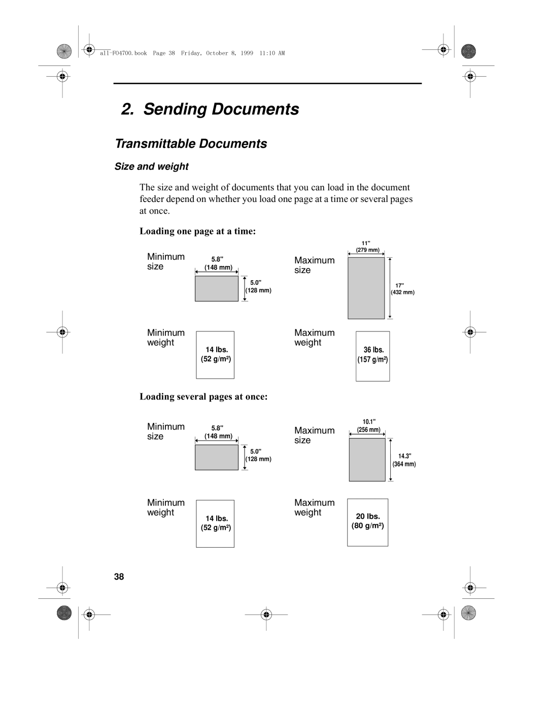 Sharp FO-4700, FO-5700 Transmittable Documents, Size and weight, Loading one page at a time, Loading several pages at once 