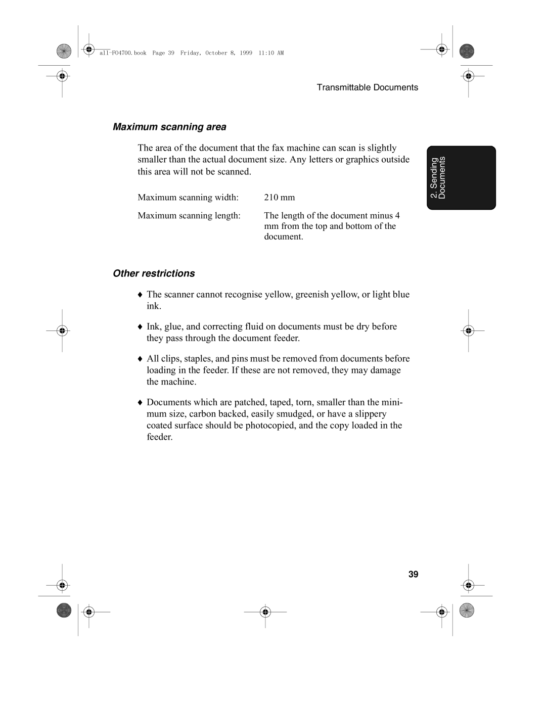 Sharp FO-5700, FO-4700 operation manual Maximum scanning area, Other restrictions 