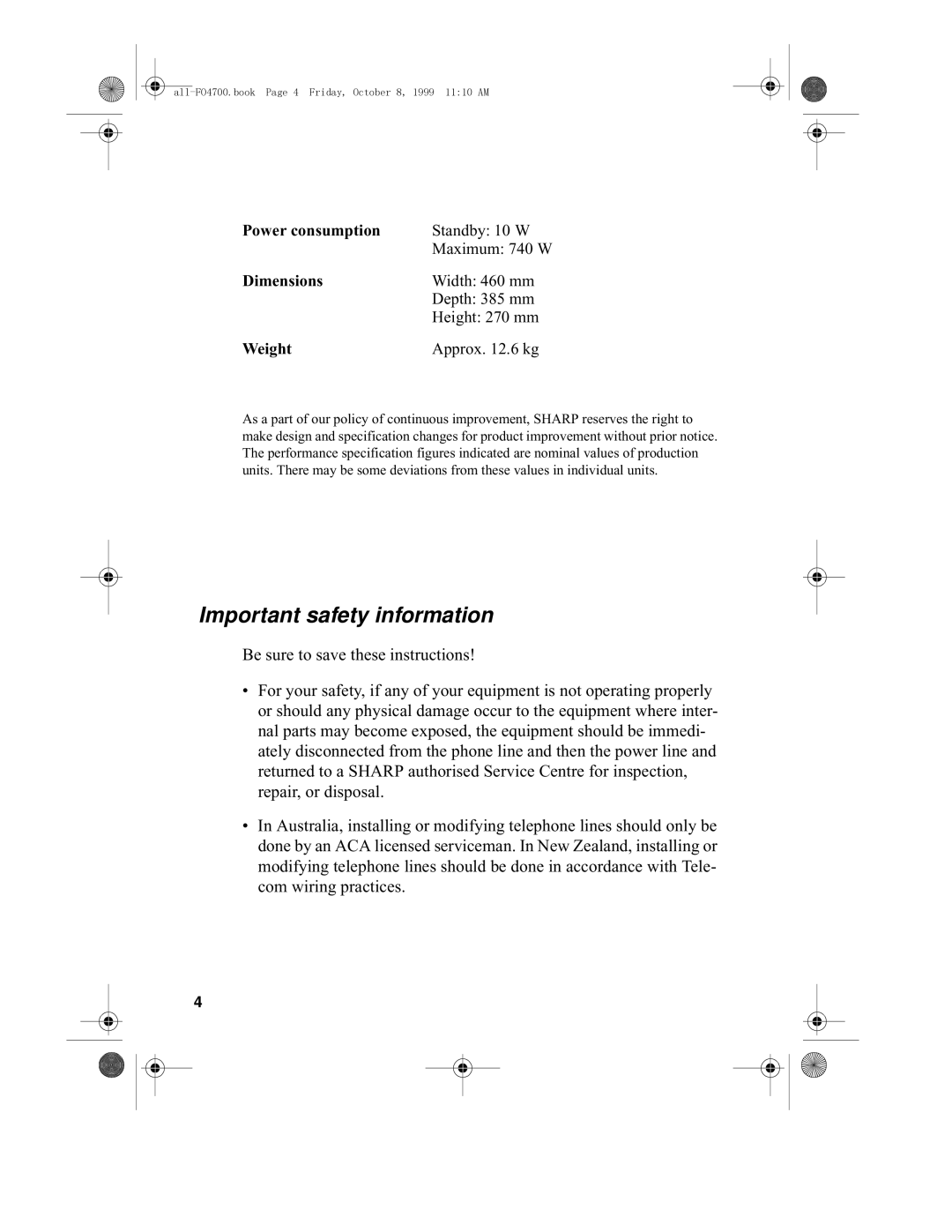 Sharp FO-4700, FO-5700 operation manual Important safety information, Weight 