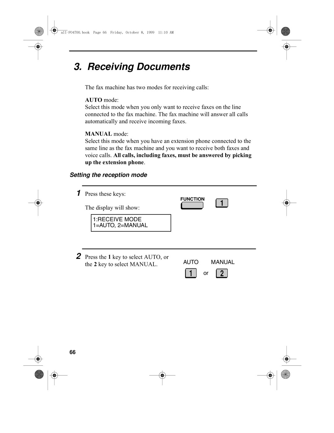 Sharp FO-4700, FO-5700 operation manual Auto mode, Manual mode, Setting the reception mode 