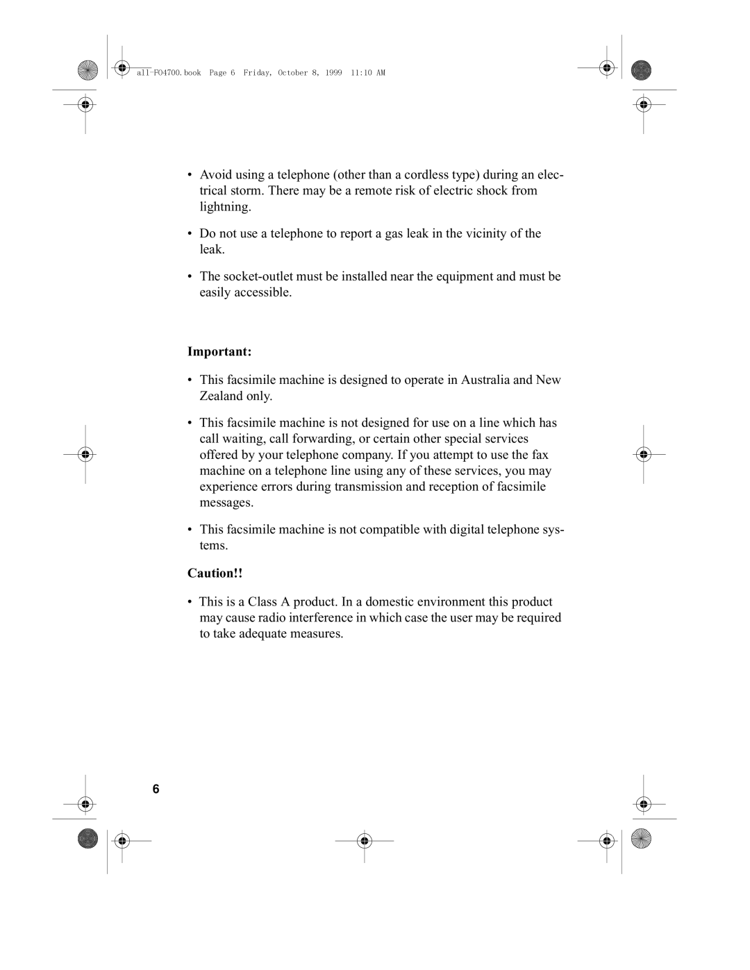 Sharp FO-4700, FO-5700 operation manual All-FO4700.book Page 6 Friday, October 8, 1999 1110 AM 