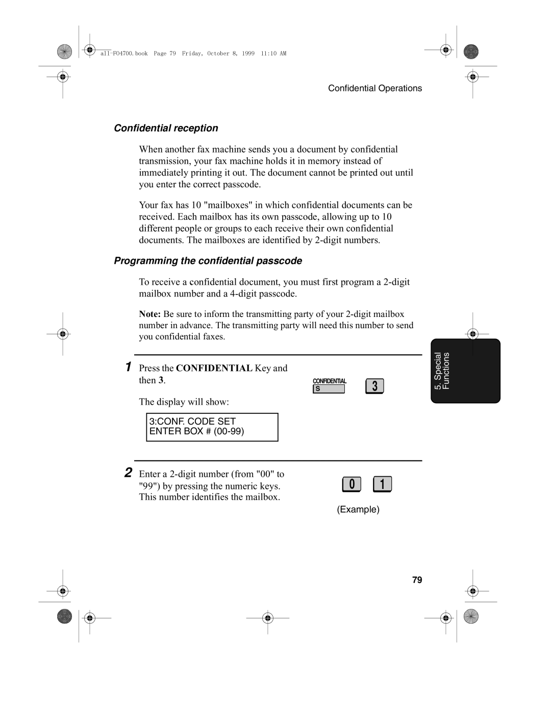 Sharp FO-5700, FO-4700 operation manual Confidential reception, Programming the confidential passcode 