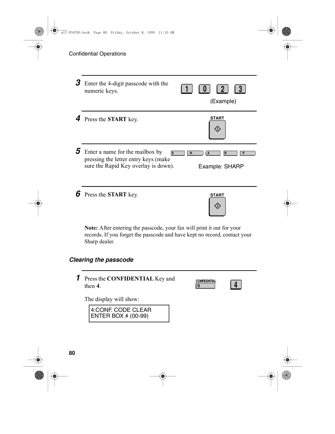 Sharp FO-4700, FO-5700 operation manual Clearing the passcode, 4CONF. Code Clear Enter BOX # 