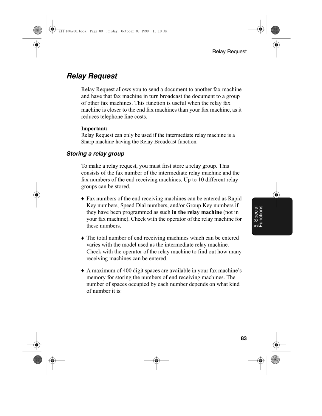 Sharp FO-5700, FO-4700 operation manual Relay Request, Storing a relay group 