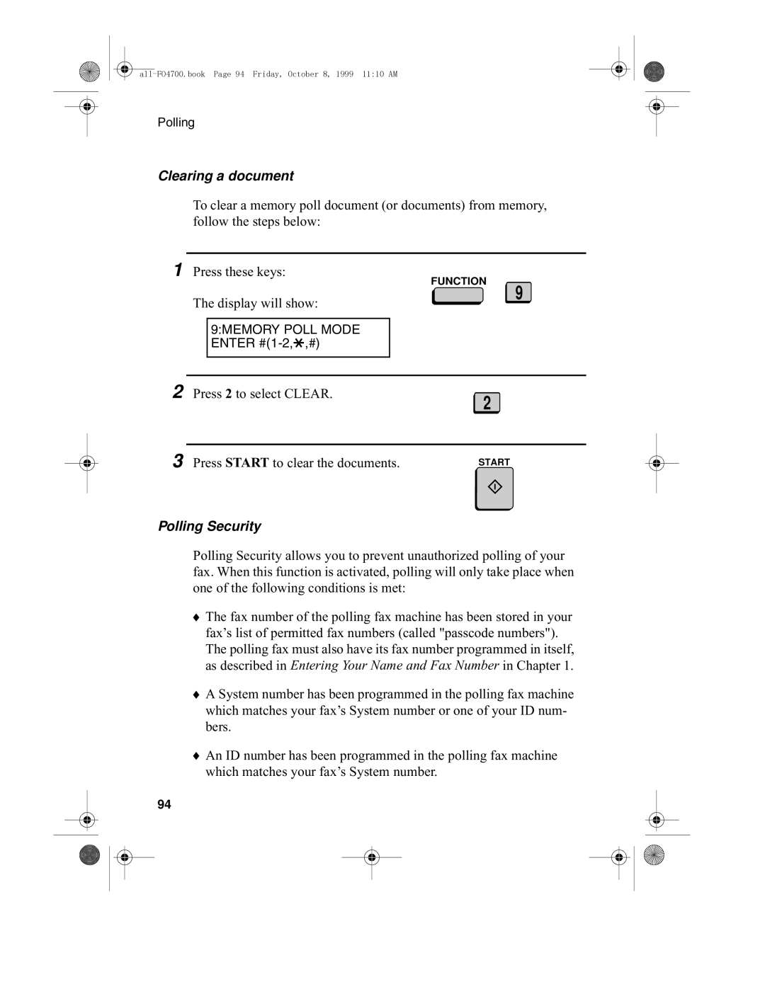 Sharp FO-4700, FO-5700 operation manual Clearing a document, Polling Security 