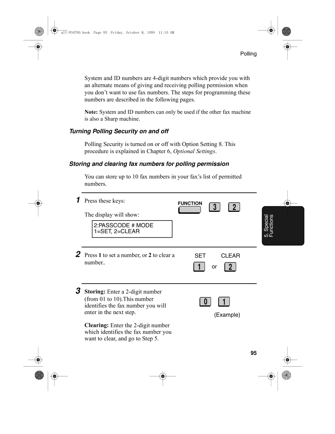 Sharp FO-5700, FO-4700 Turning Polling Security on and off, Storing and clearing fax numbers for polling permission 