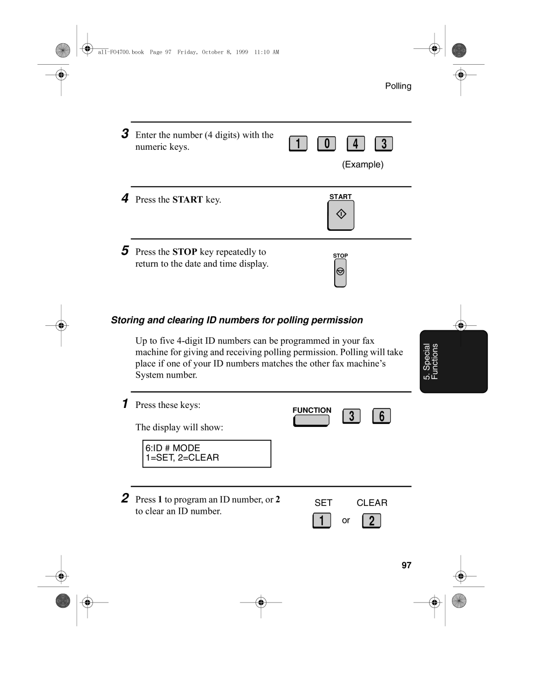 Sharp FO-5700, FO-4700 Enter the number 4 digits with Numeric keys, Storing and clearing ID numbers for polling permission 