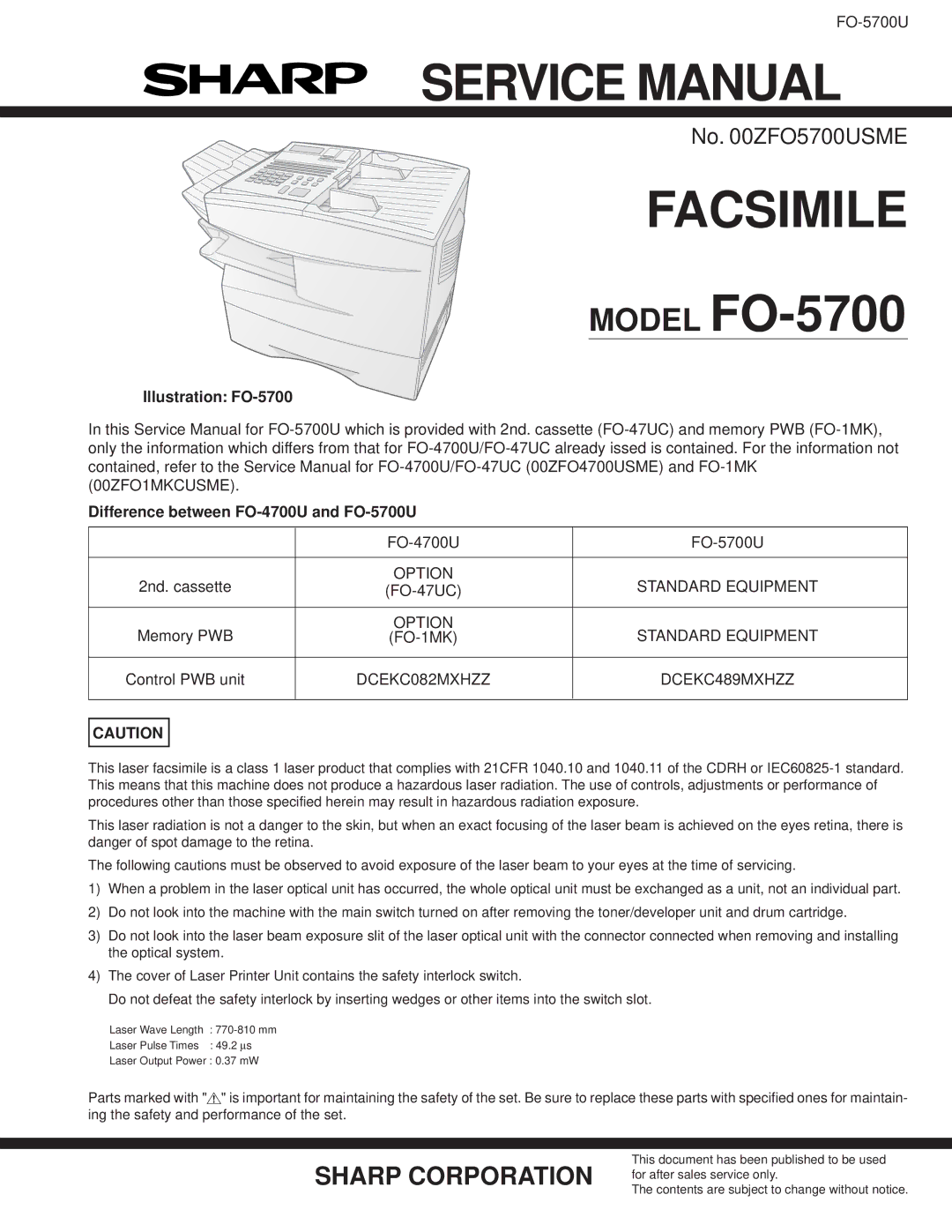 Sharp FO-5700U service manual Facsimile Model FO-5700 