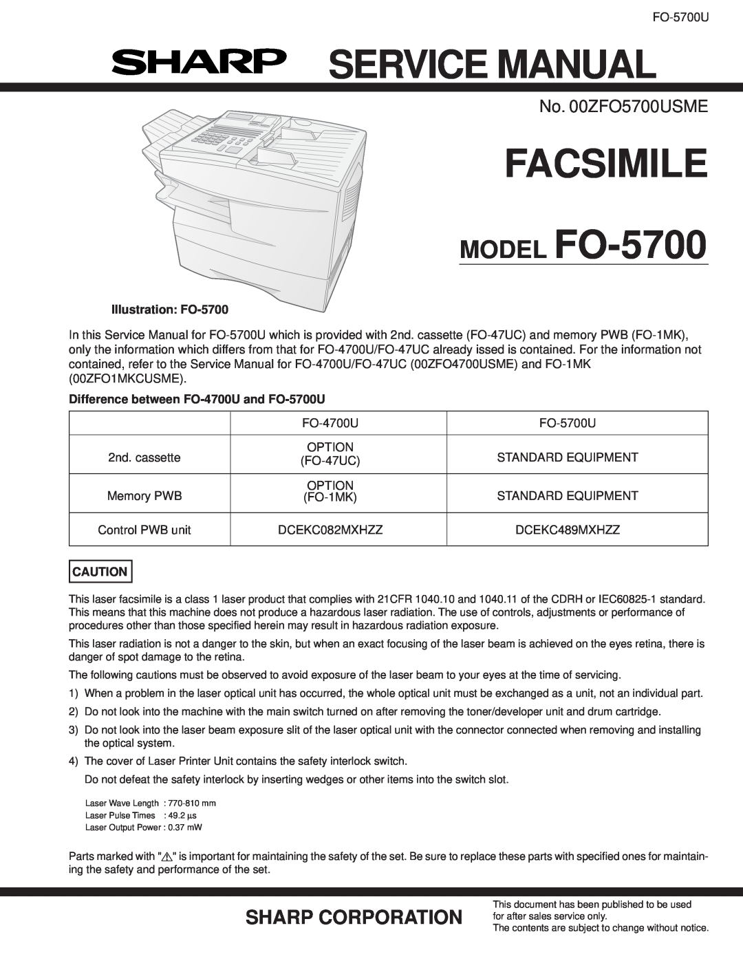 Sharp service manual Illustration FO-5700, Difference between FO-4700U and FO-5700U, Service Manual, No. 00ZFO5700USME 