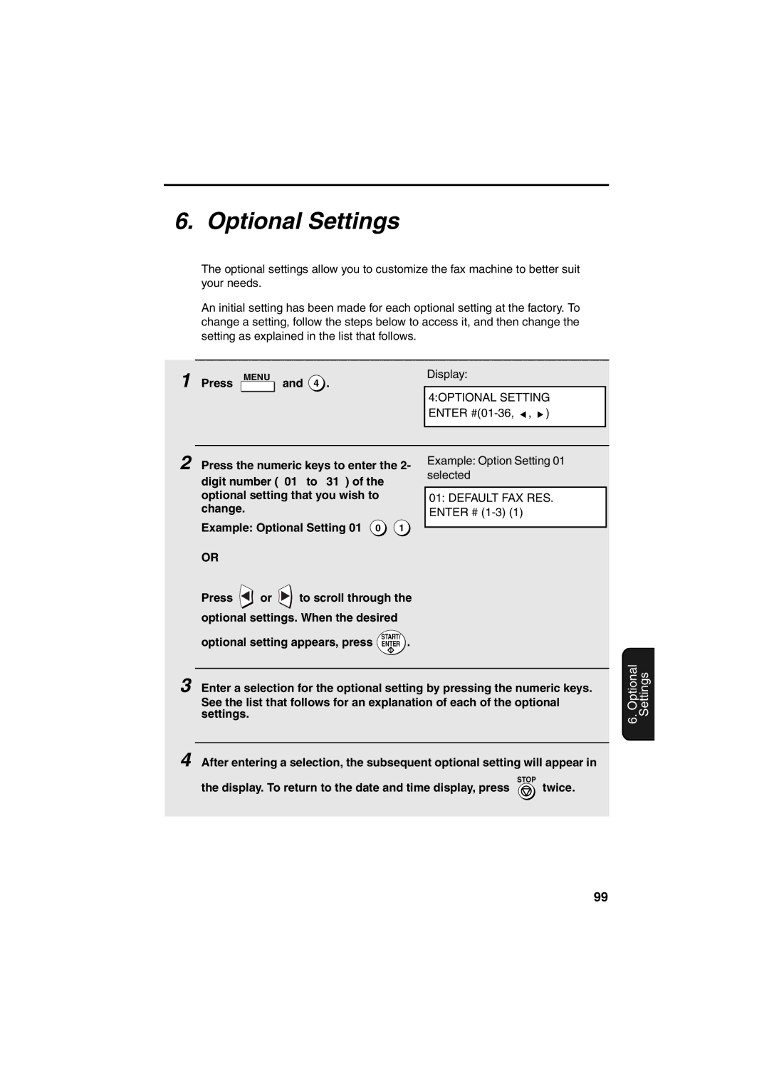 Sharp FO-5900 operation manual Optional Settings, Display. To return to the date and time display, press twice 