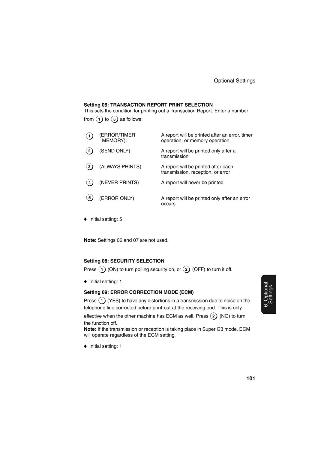 Sharp FO-5900 operation manual 101, Setting 05 Transaction Report Print Selection, Setting 08 Security Selection 