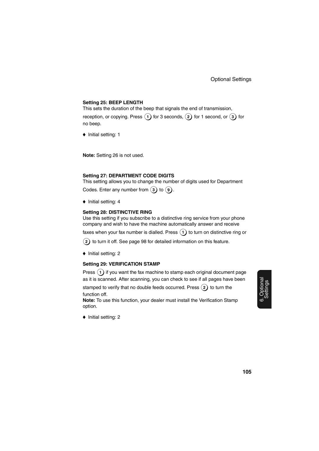 Sharp FO-5900 operation manual 105, Setting 25 Beep Length, Setting 27 Department Code Digits, Setting 28 Distinctive Ring 