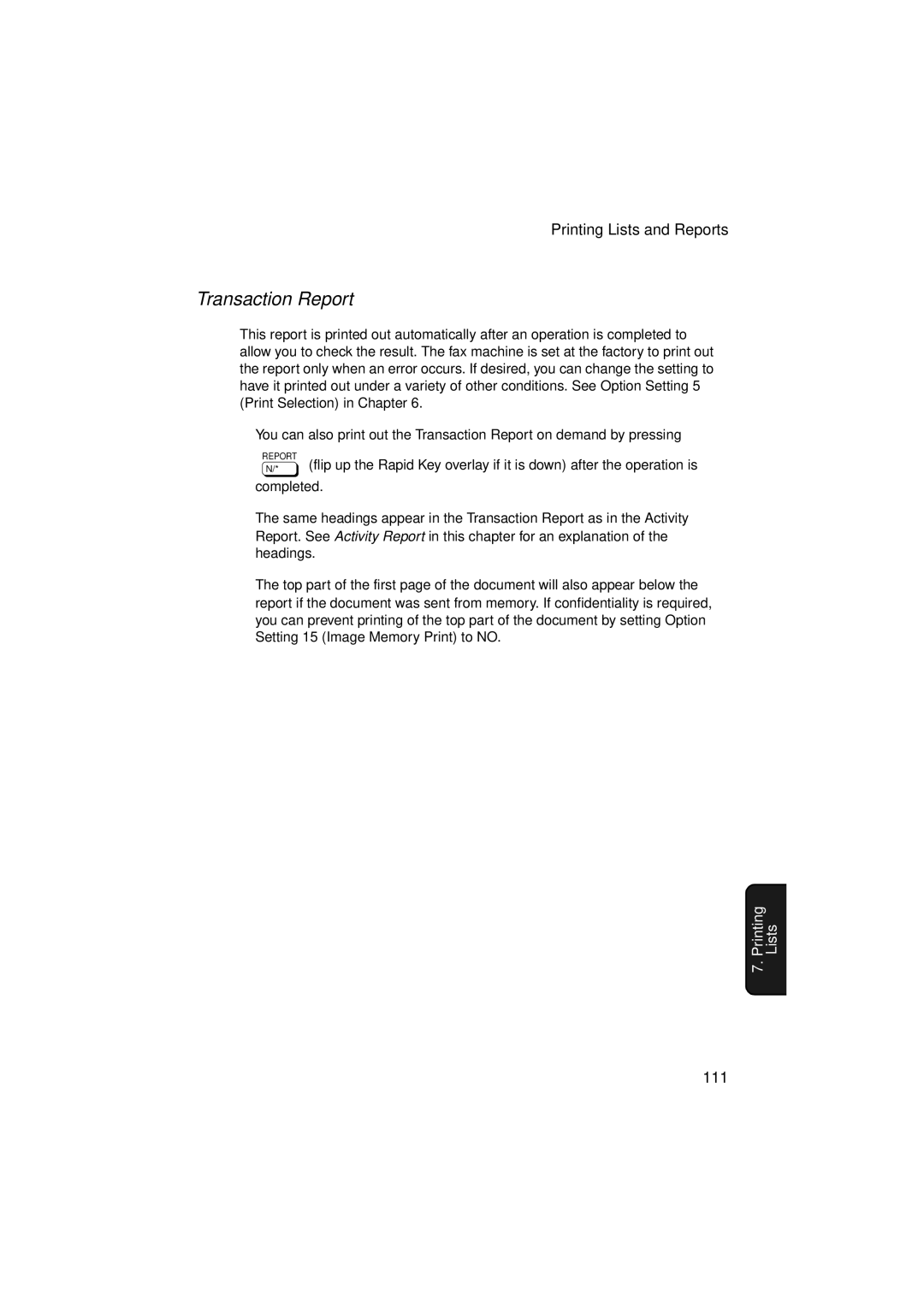 Sharp FO-5900 operation manual Transaction Report, 111 