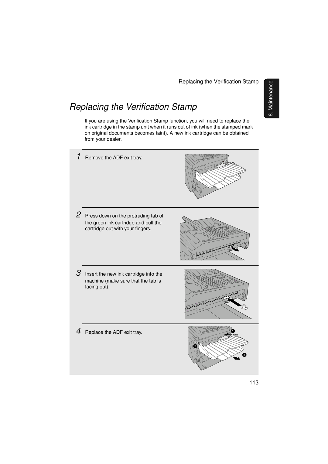 Sharp FO-5900 operation manual Replacing the Verification Stamp, 113 