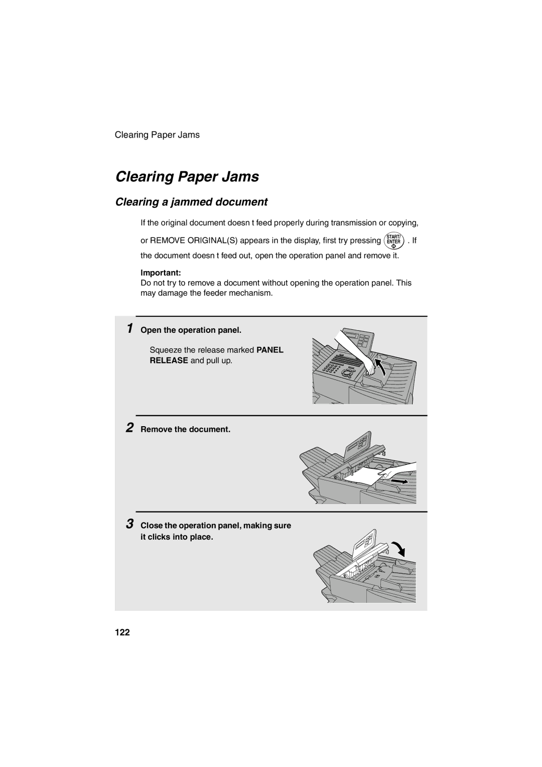 Sharp FO-5900 operation manual Clearing Paper Jams, Clearing a jammed document, 122 