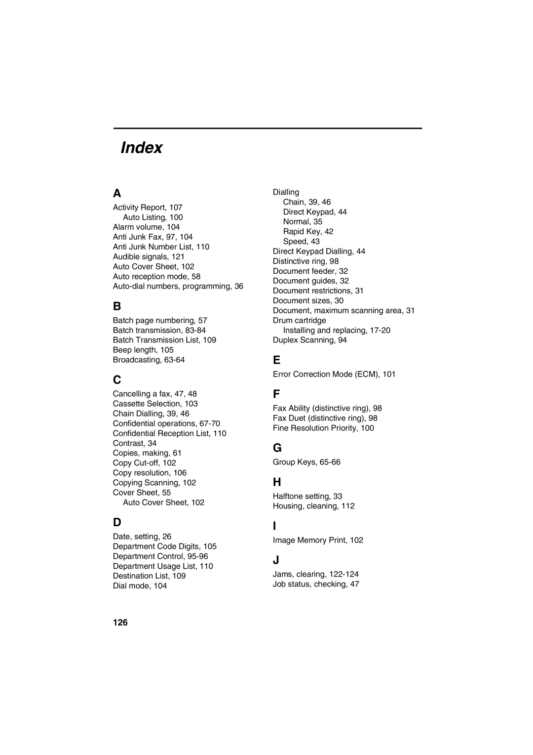 Sharp FO-5900 operation manual Index, 126 