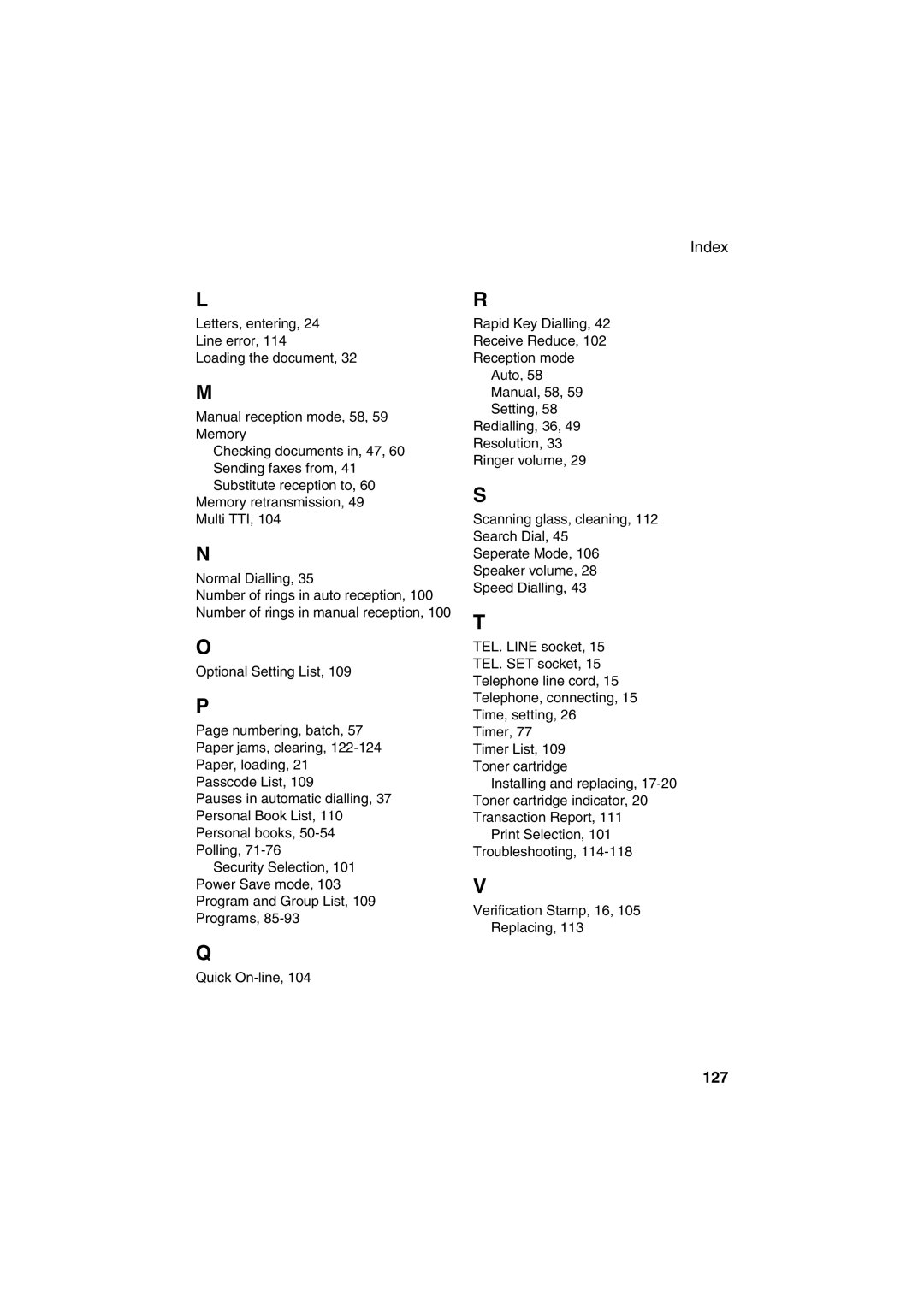 Sharp FO-5900 operation manual Index, 127 