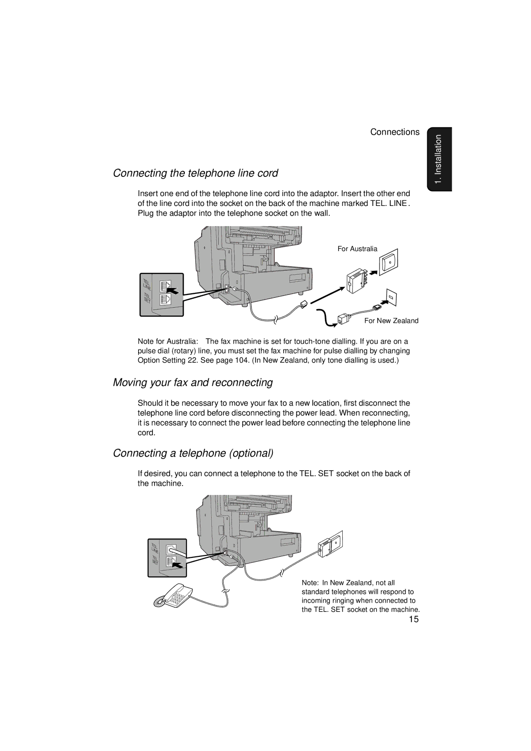 Sharp FO-5900 Connecting the telephone line cord, Moving your fax and reconnecting, Connecting a telephone optional 