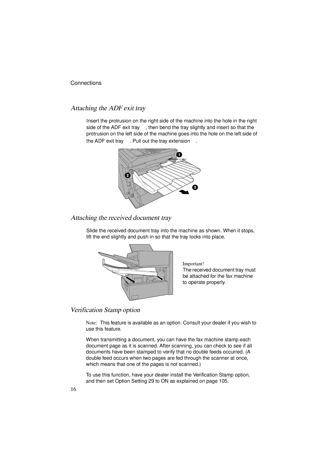 Sharp FO-5900 operation manual Attaching the ADF exit tray, Attaching the received document tray, Verification Stamp option 