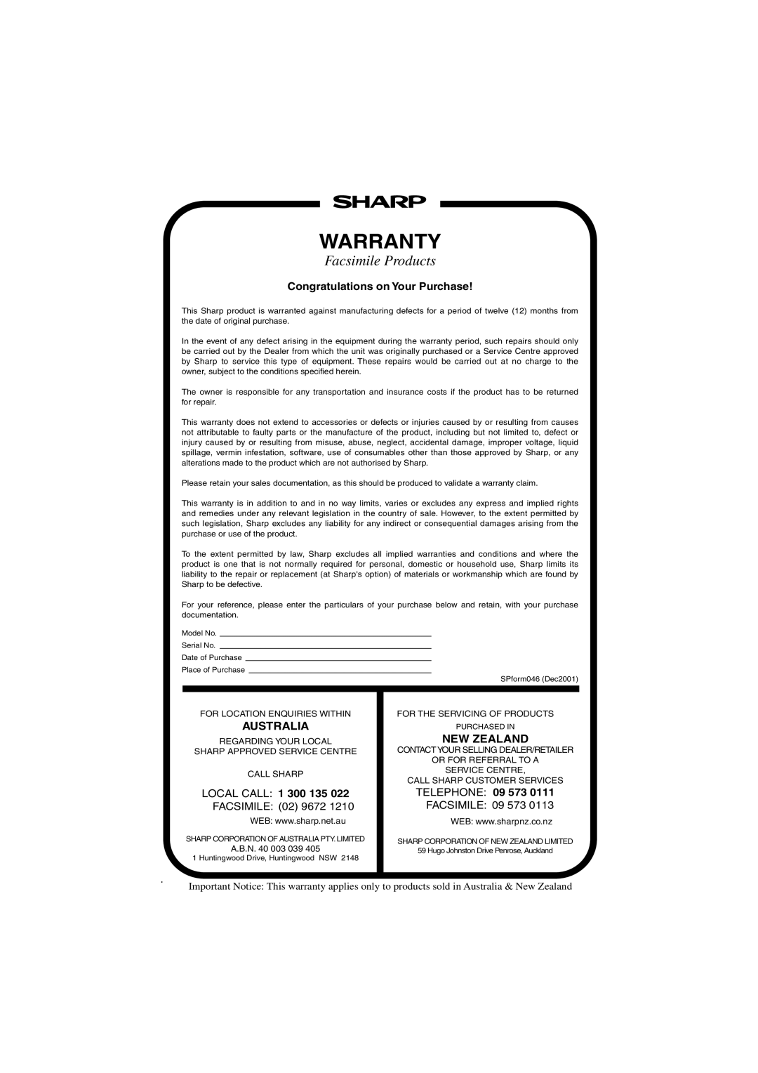 Sharp FO-5900 operation manual Warranty 