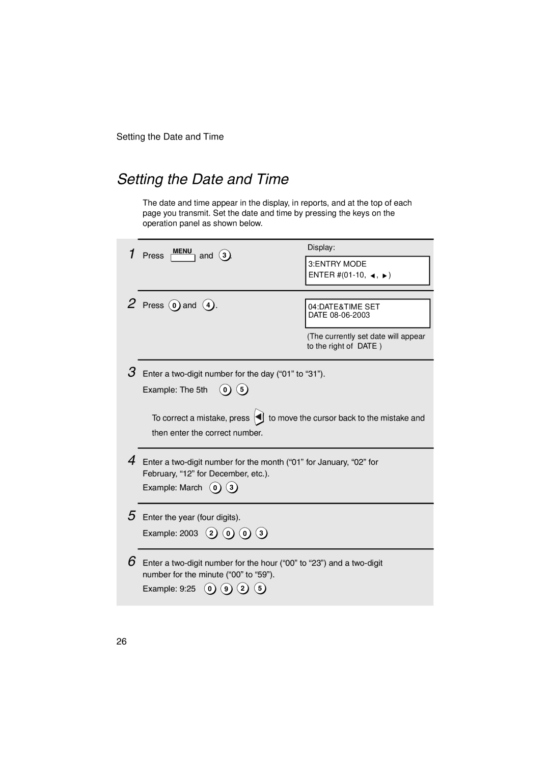 Sharp FO-5900 operation manual Setting the Date and Time, Enter a two-digit number for the day 01 to Example The 5th 0 