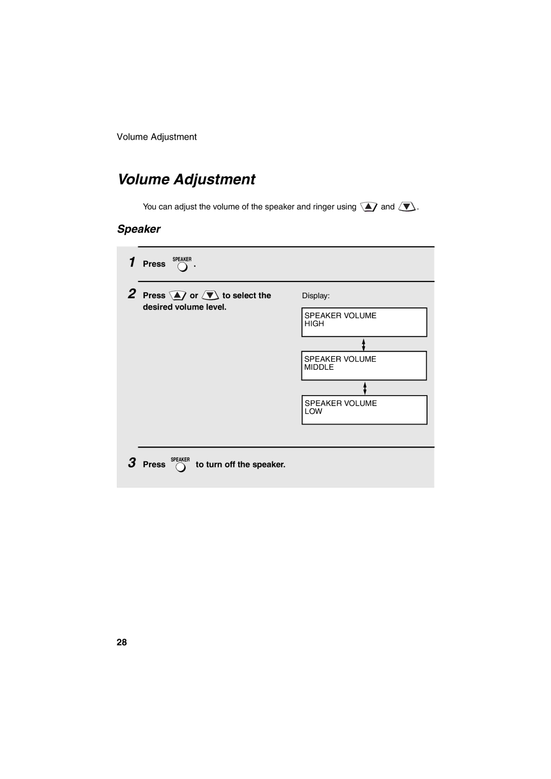 Sharp FO-5900 operation manual Volume Adjustment, Speaker, Press or to select the desired volume level 