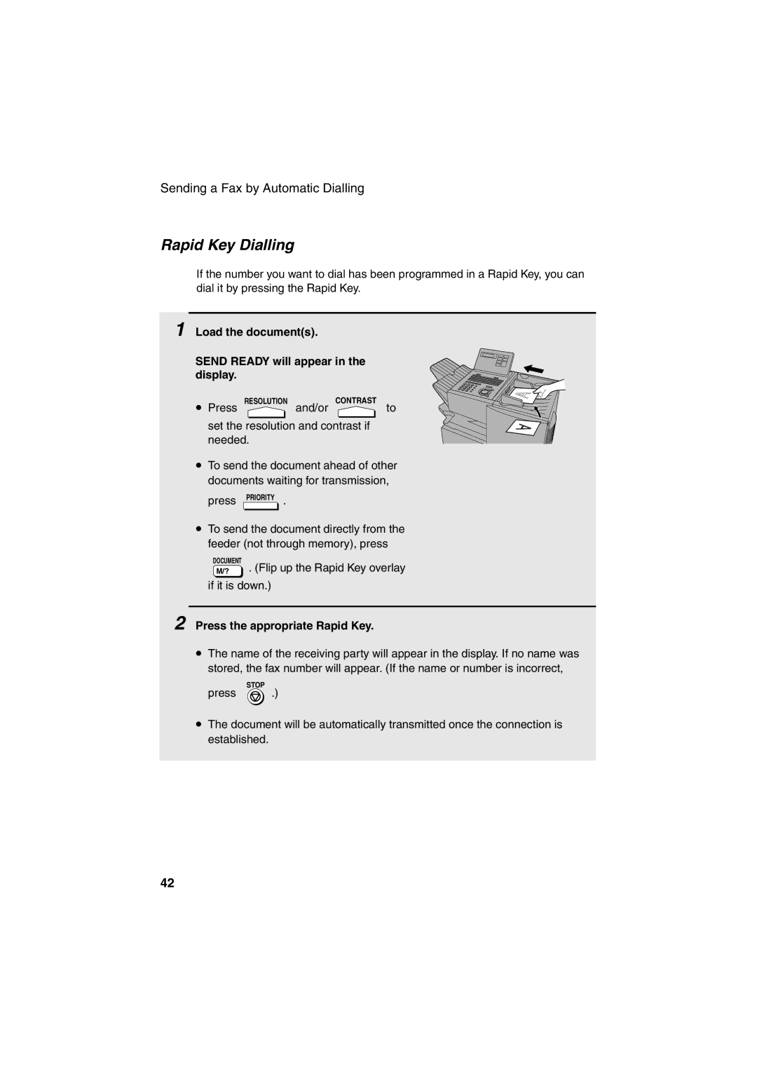 Sharp FO-5900 operation manual Rapid Key Dialling, Load the documents Send Ready will appear in the display 