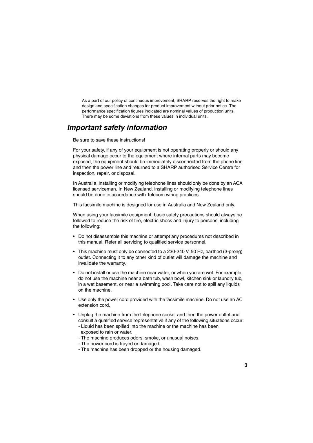 Sharp FO-5900 operation manual Important safety information 