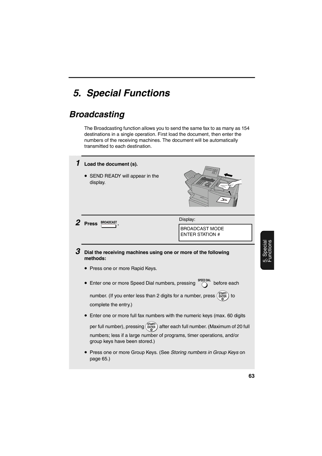 Sharp FO-5900 operation manual Special Functions, Broadcasting, Load the document s 