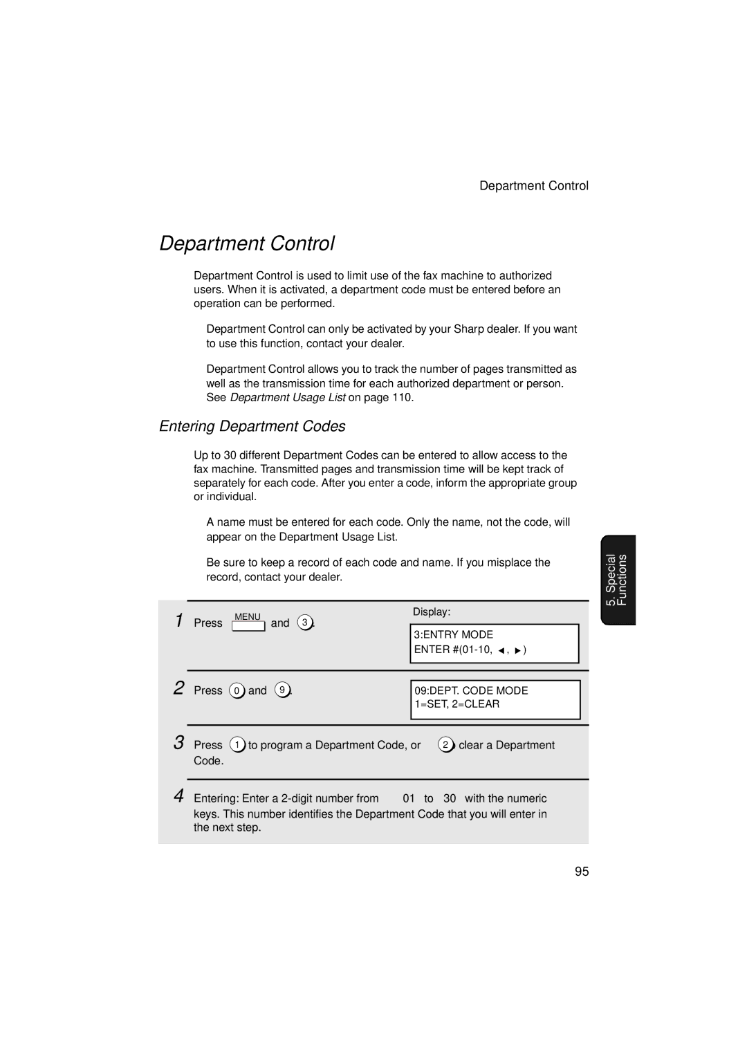 Sharp FO-5900 operation manual Department Control, Entering Department Codes 