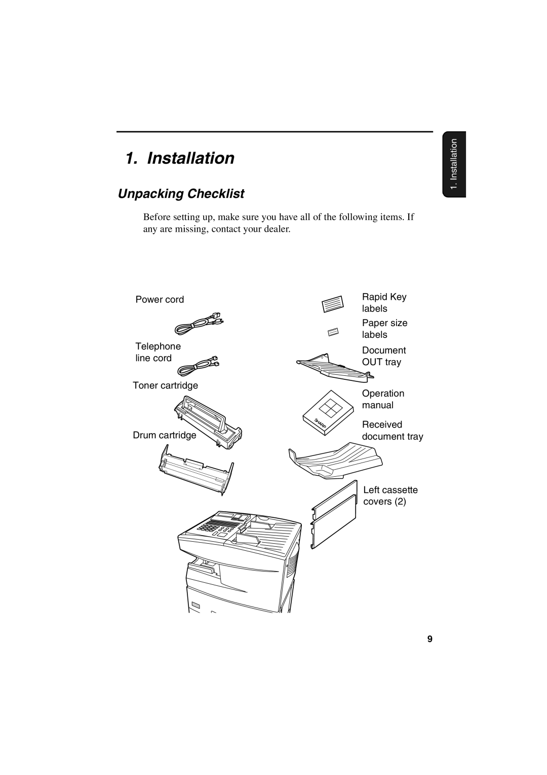 Sharp FO-6700 operation manual Installation, Unpacking Checklist 