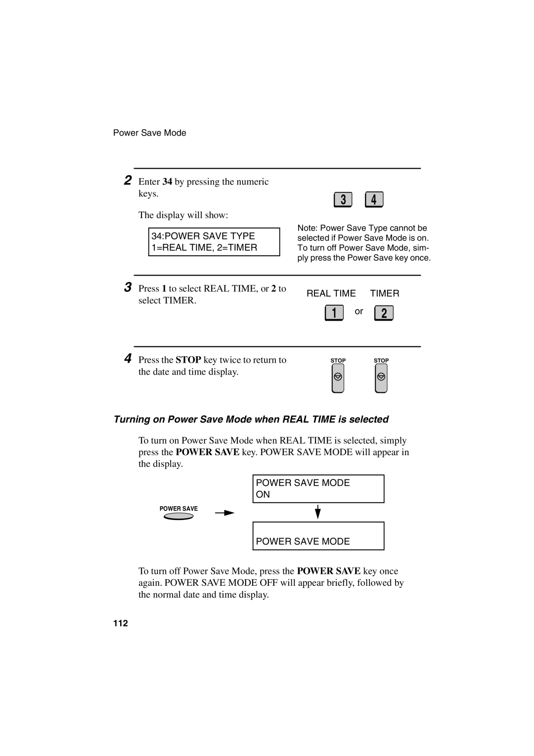 Sharp FO-6700 operation manual Turning on Power Save Mode when Real Time is selected 