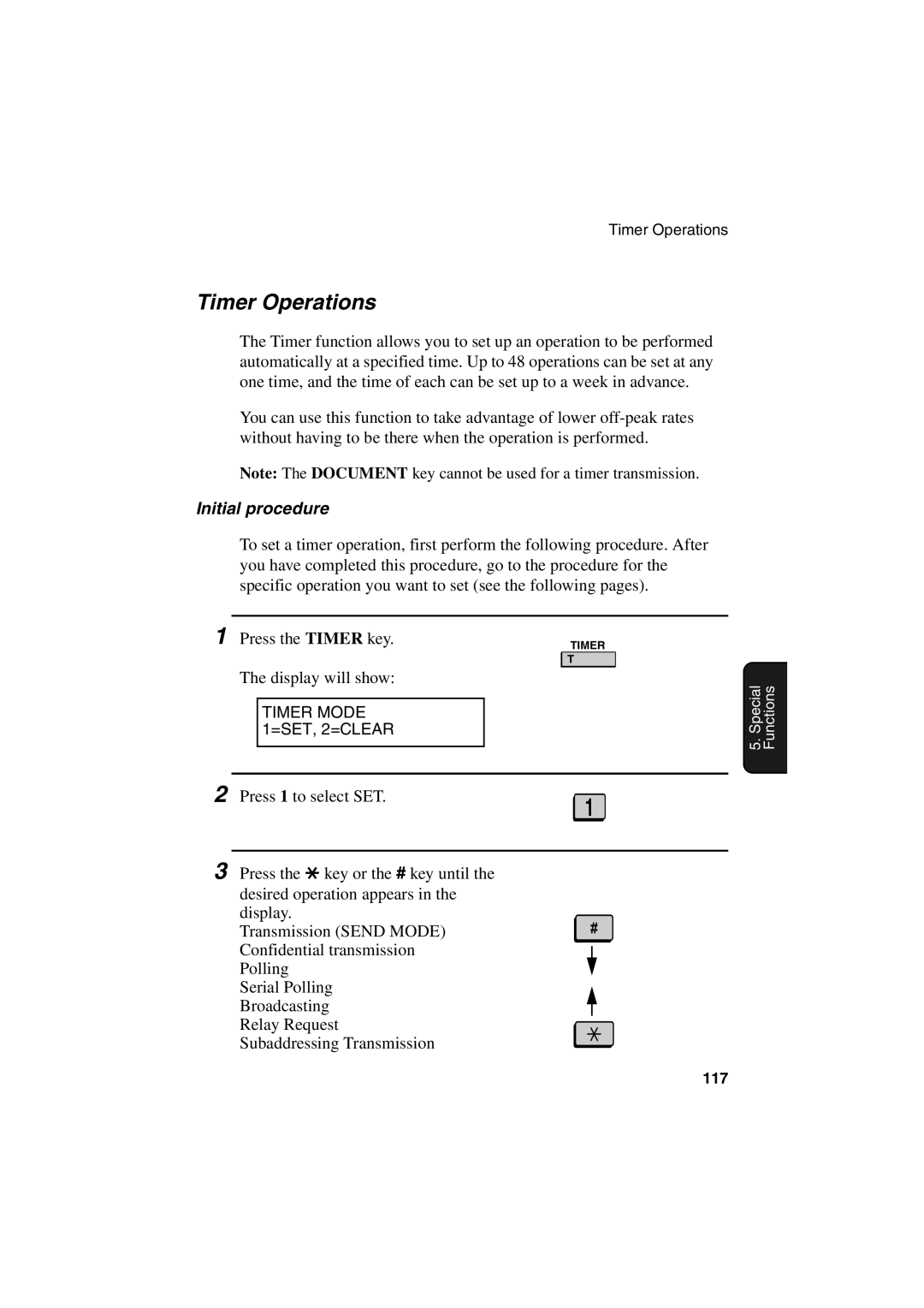 Sharp FO-6700 operation manual Timer Operations, Initial procedure 