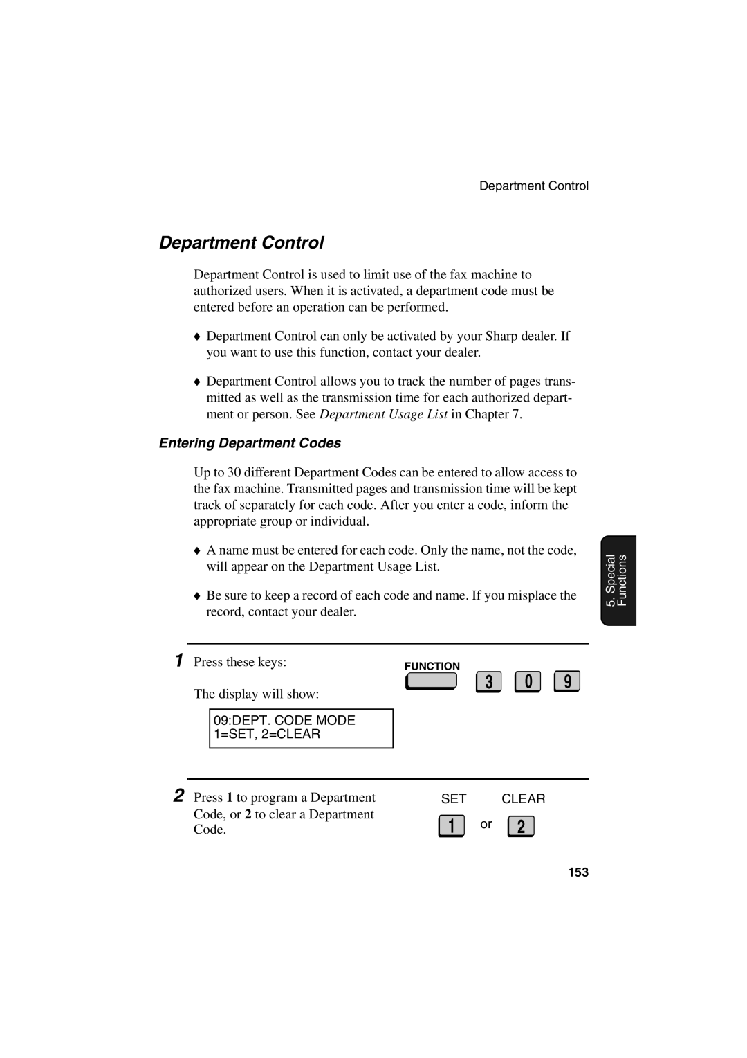 Sharp FO-6700 operation manual Department Control, Entering Department Codes 