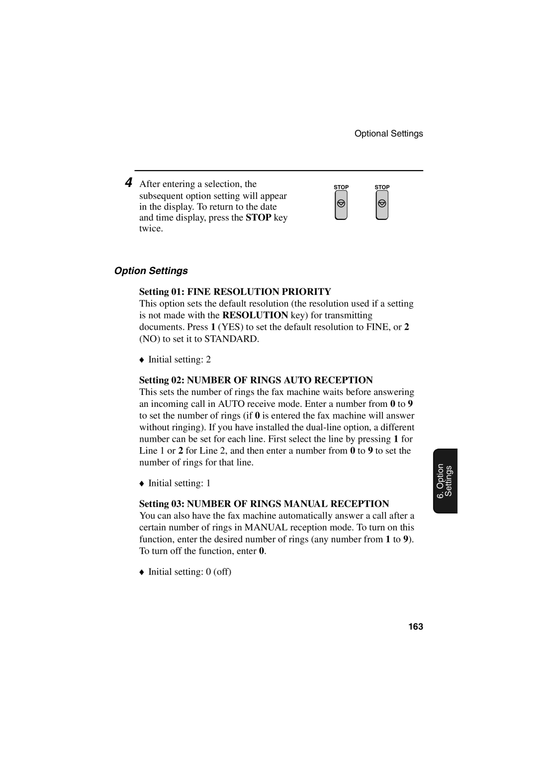 Sharp FO-6700 Option Settings, Setting 01 Fine Resolution Priority, Setting 02 Number of Rings Auto Reception 