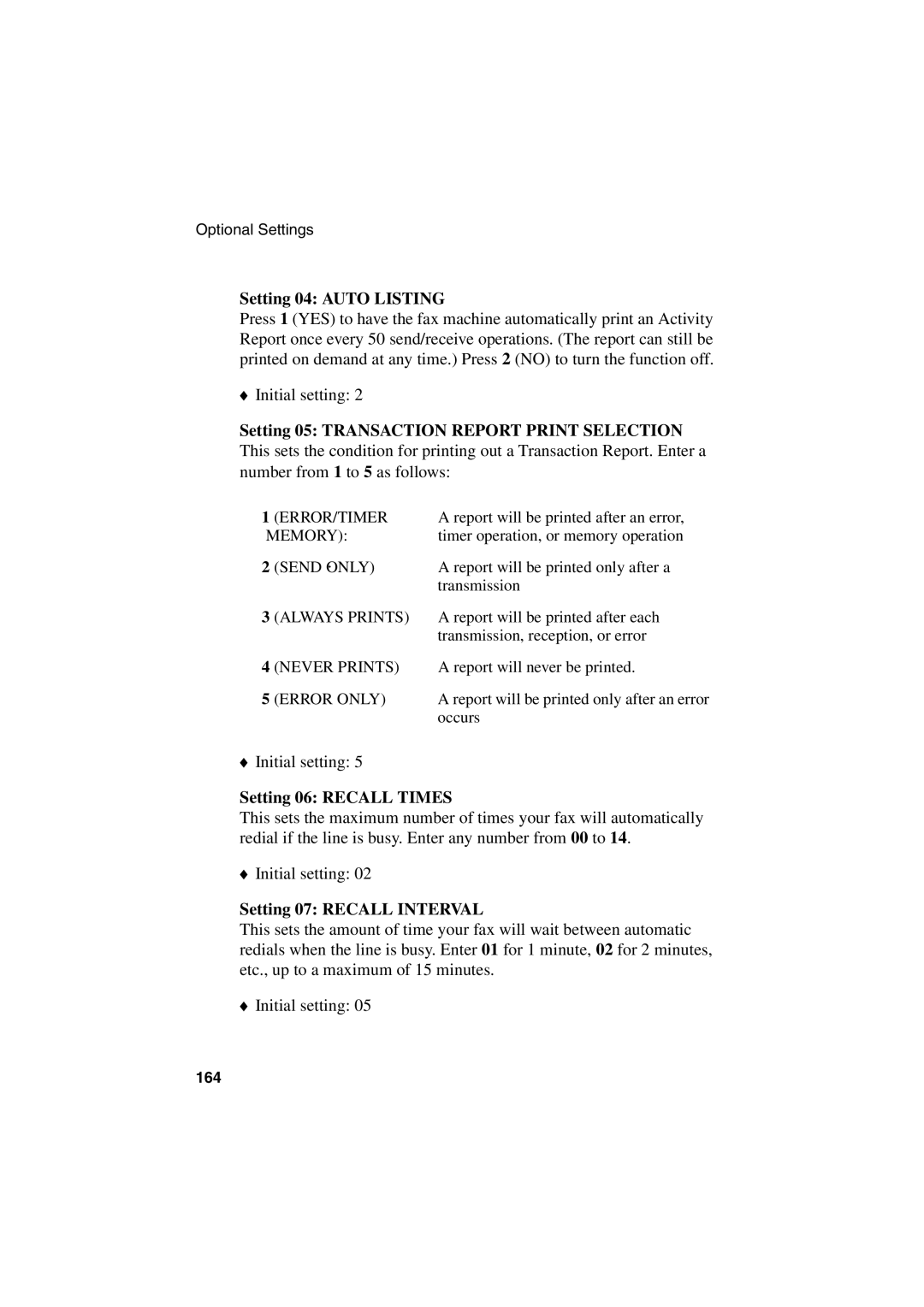 Sharp FO-6700 operation manual Setting 04 Auto Listing, Setting 06 Recall Times, Setting 07 Recall Interval 