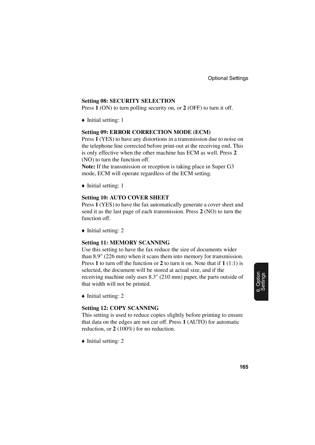 Sharp FO-6700 Setting 08 Security Selection, Setting 09 Error Correction Mode ECM, Setting 10 Auto Cover Sheet 