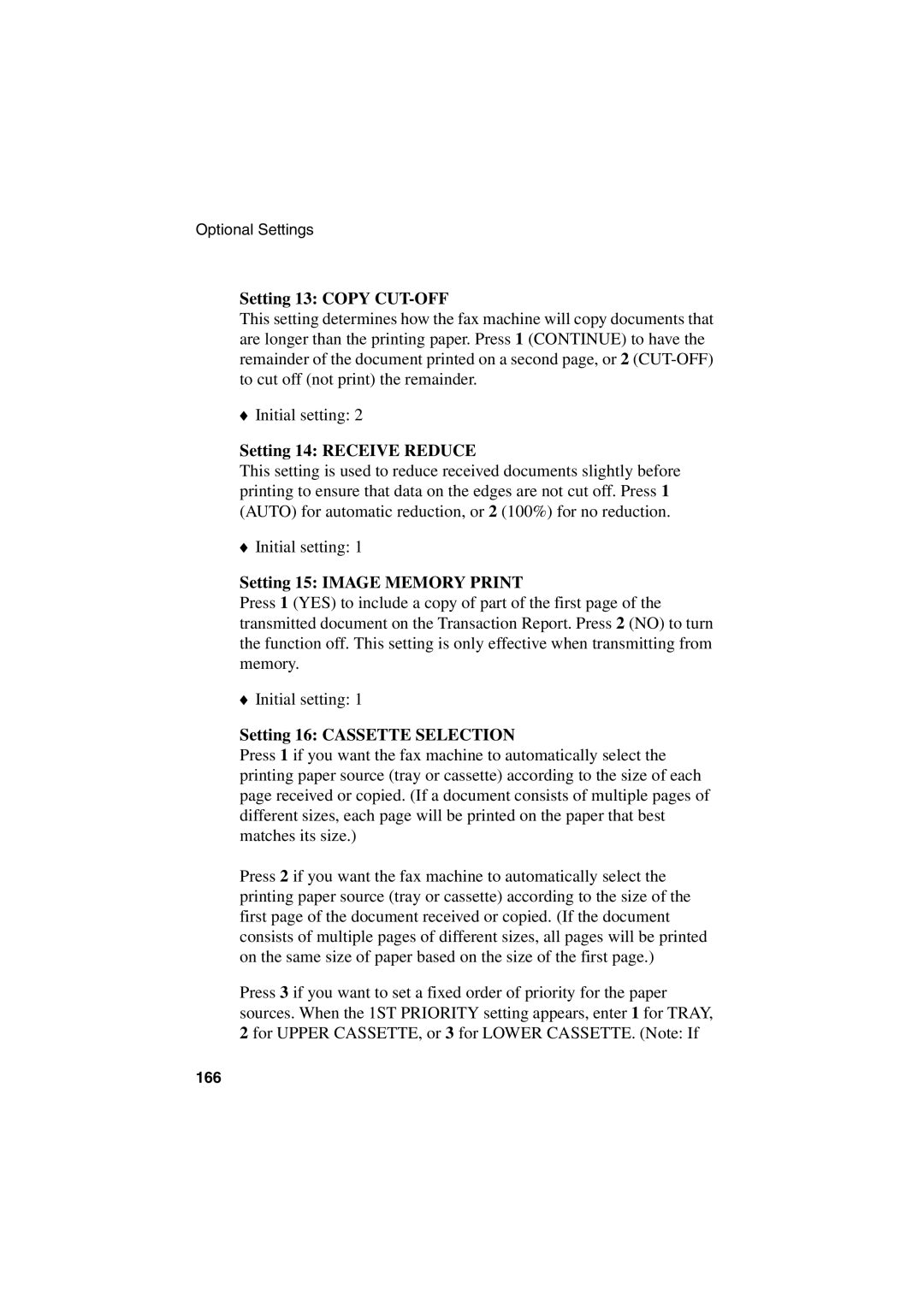 Sharp FO-6700 operation manual Setting 13 Copy CUT-OFF, Setting 14 Receive Reduce, Setting 15 Image Memory Print 