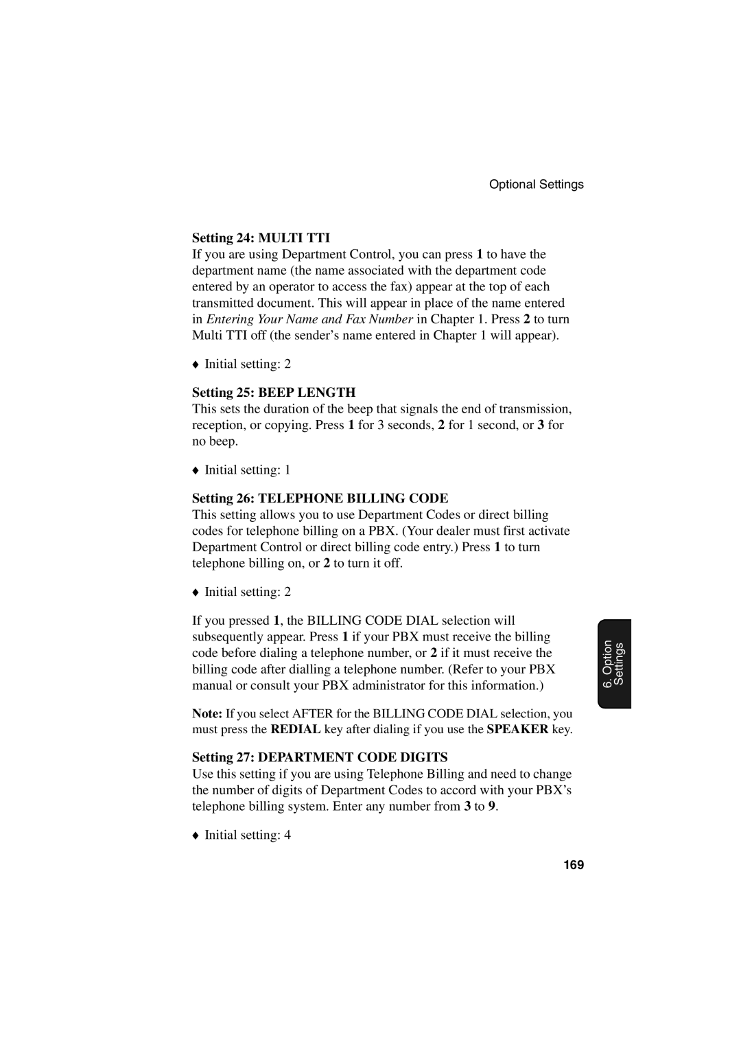 Sharp FO-6700 operation manual Setting 24 Multi TTI, Setting 25 Beep Length, Setting 26 Telephone Billing Code 