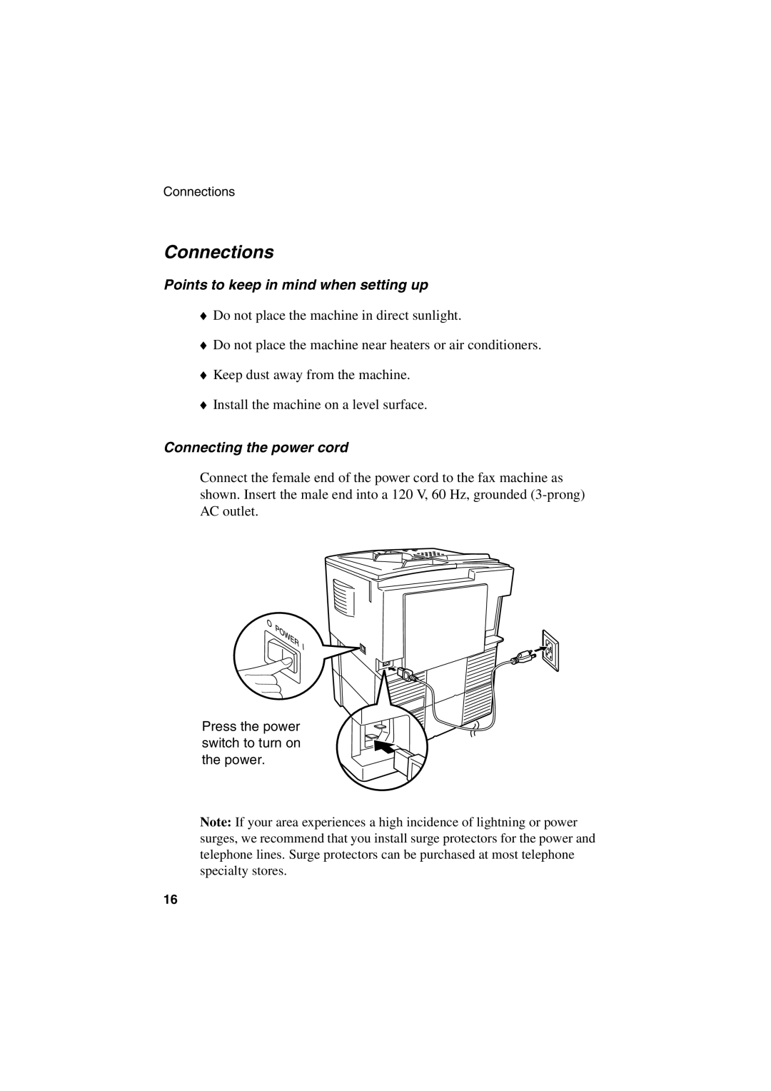 Sharp FO-6700 operation manual Connections, Points to keep in mind when setting up, Connecting the power cord 