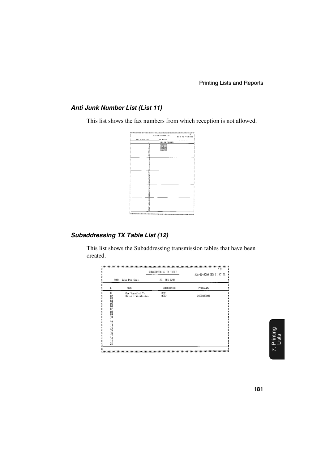 Sharp FO-6700 operation manual Anti Junk Number List List, Subaddressing TX Table List 